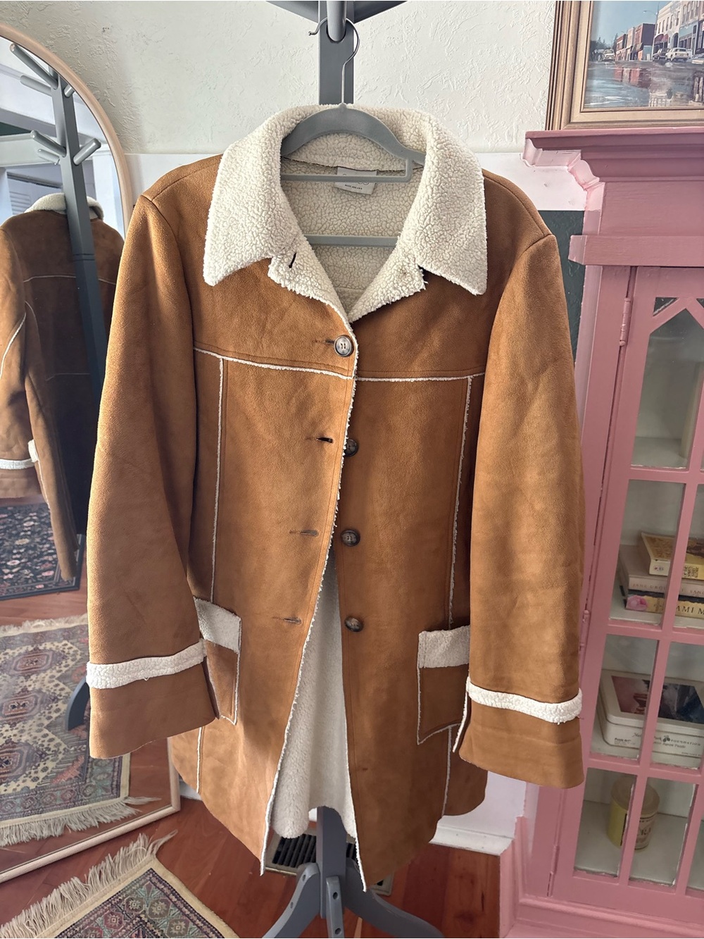Womens Faux-Suede Sherpa Coat - Brown